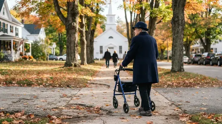 An older woman walking a three-wheel rollator on a sunny sidewalk toward a small white country church