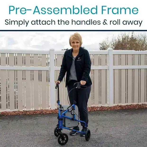 The Vive Health 3 Wheel Rollator shown folded to nine inches wide, standing on its own wheels