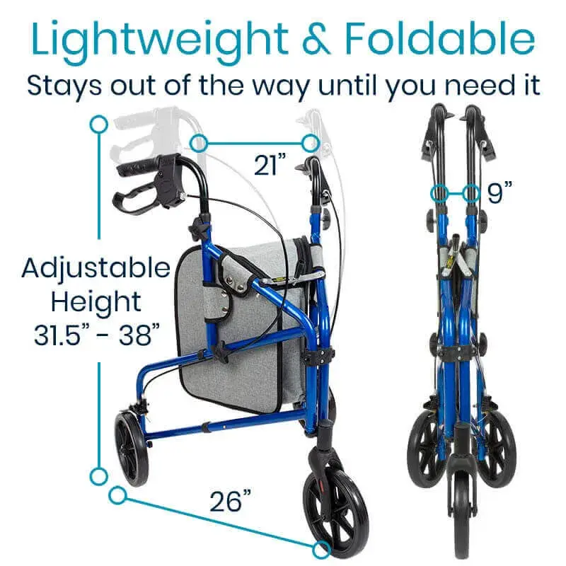 The seller's sizing chart for the 3 Wheel Rollator showing handle height range and folded dimensions